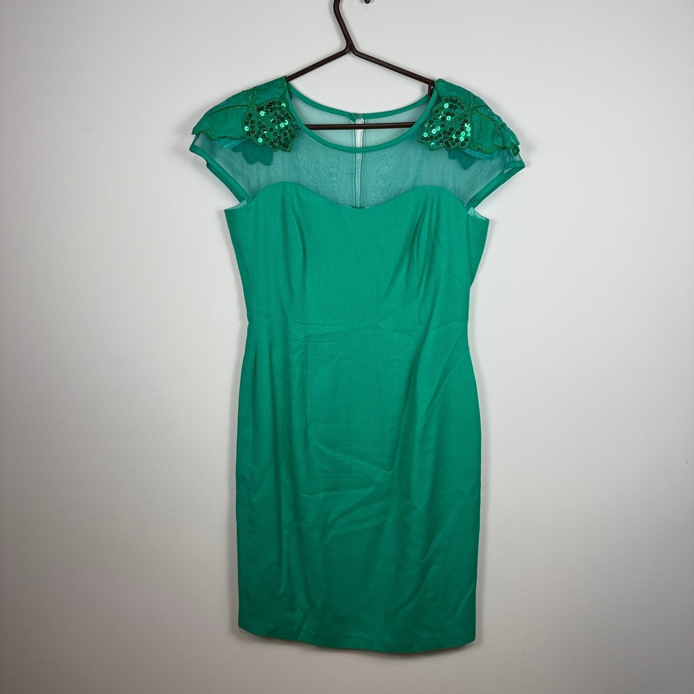 80s Liptons VTG Emerald Green Sequin‎ Leaf Mesh Sheath Dress 12 Made in Canada